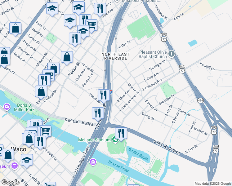 map of restaurants, bars, coffee shops, grocery stores, and more near North Jack Kultgen Expressway in Waco
