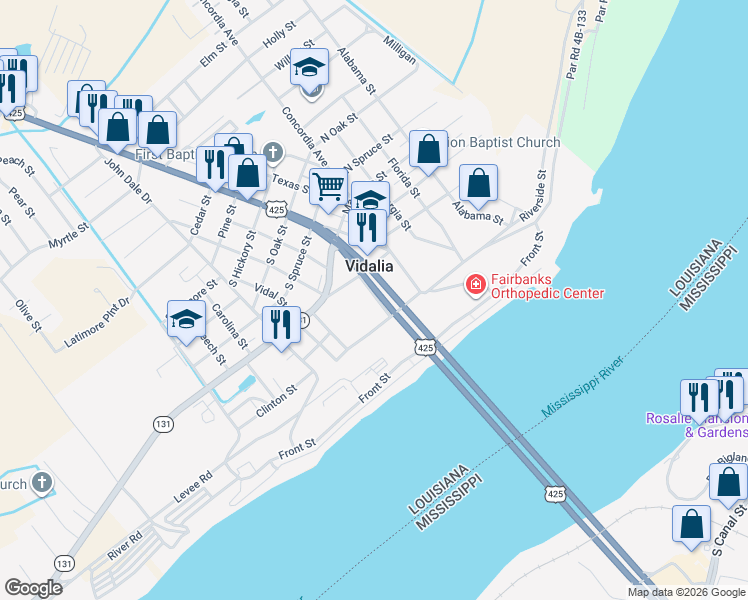 map of restaurants, bars, coffee shops, grocery stores, and more near 100 Linden Street in Vidalia