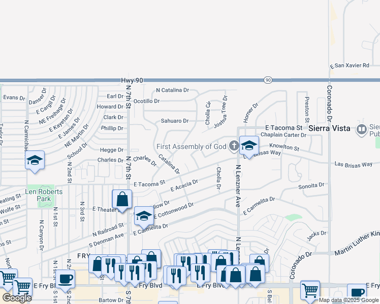 map of restaurants, bars, coffee shops, grocery stores, and more near 1201 East Buckhorn Drive in Sierra Vista