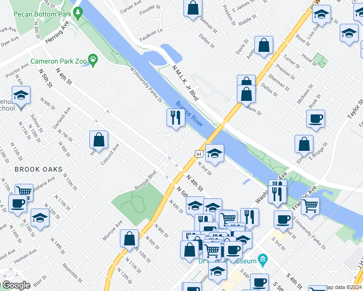 map of restaurants, bars, coffee shops, grocery stores, and more near 1603 North 3rd Street in Waco