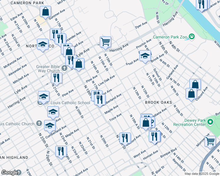 map of restaurants, bars, coffee shops, grocery stores, and more near 2009 North 16th Street in Waco
