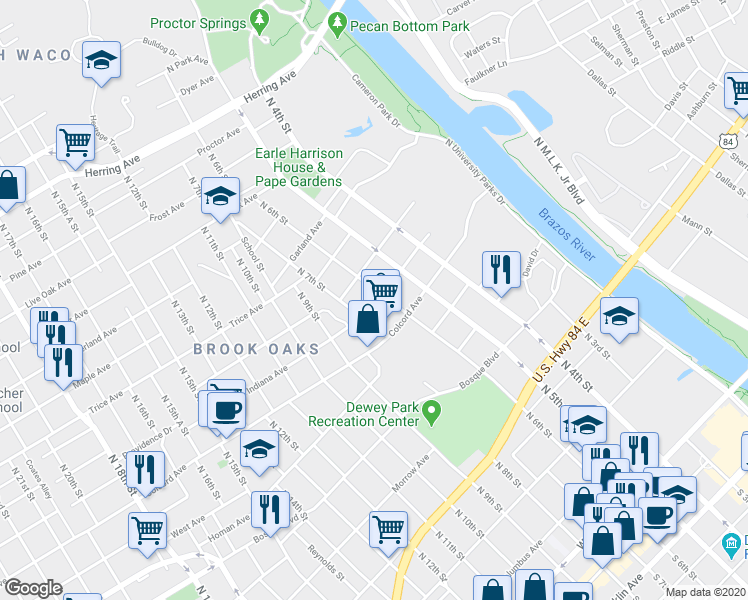 map of restaurants, bars, coffee shops, grocery stores, and more near 1400 North 6th Street in Waco