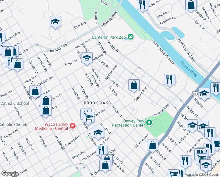 map of restaurants, bars, coffee shops, grocery stores, and more near 1619 North 9th Street in Waco