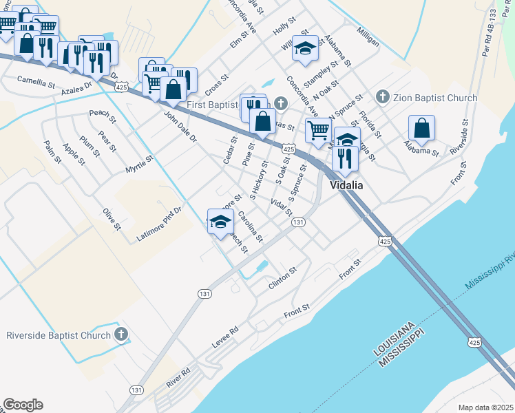 map of restaurants, bars, coffee shops, grocery stores, and more near 508 John Dale Drive in Vidalia
