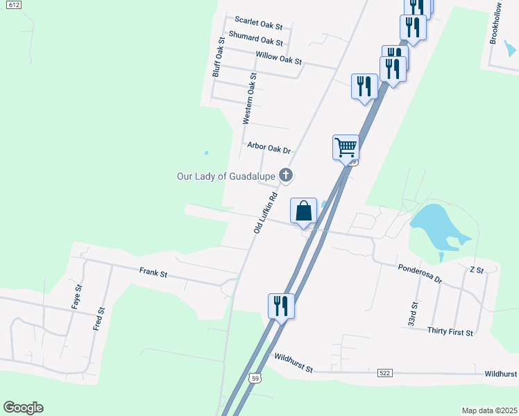 map of restaurants, bars, coffee shops, grocery stores, and more near 4616 Old Lufkin Road in Nacogdoches