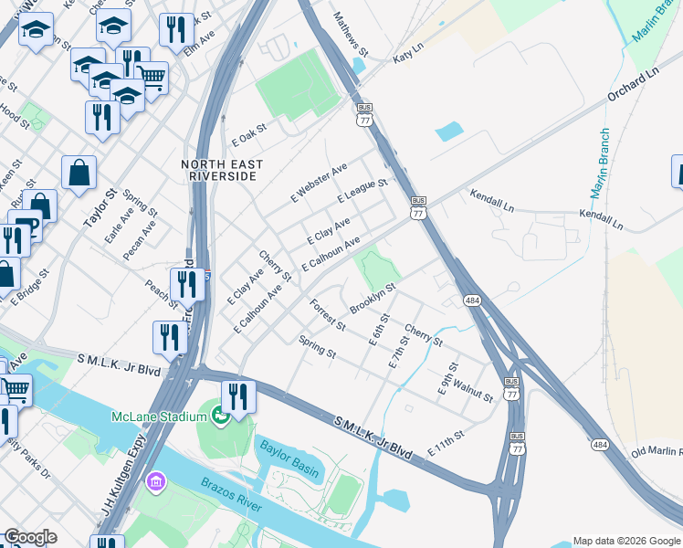 map of restaurants, bars, coffee shops, grocery stores, and more near 202 Applegrove Circle in Waco