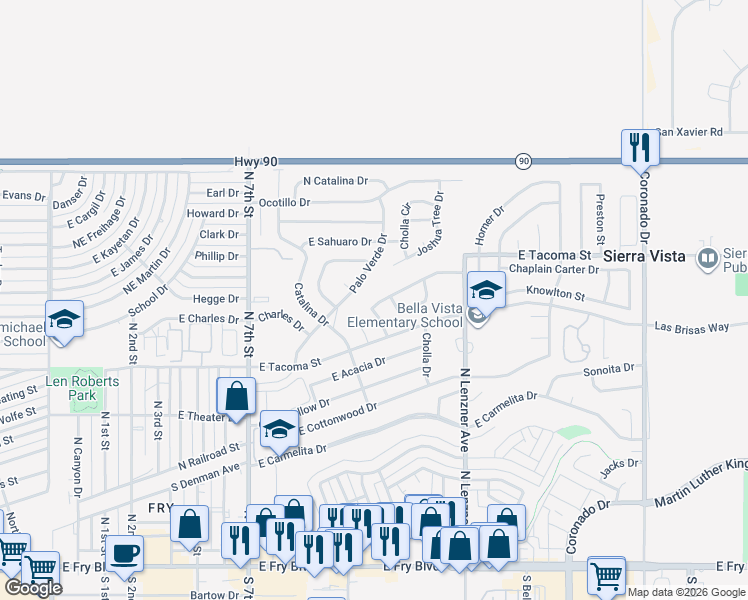 map of restaurants, bars, coffee shops, grocery stores, and more near 1221 East Buckhorn Drive in Sierra Vista