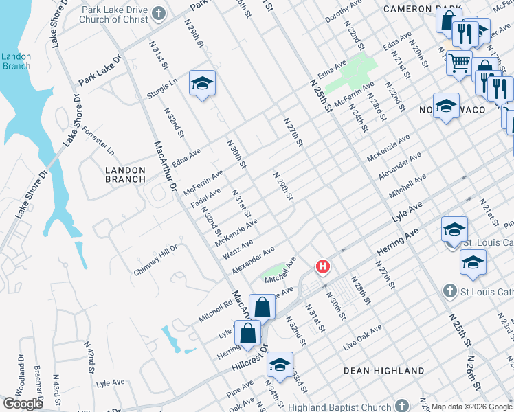 map of restaurants, bars, coffee shops, grocery stores, and more near 3008 Reuter Avenue in Waco
