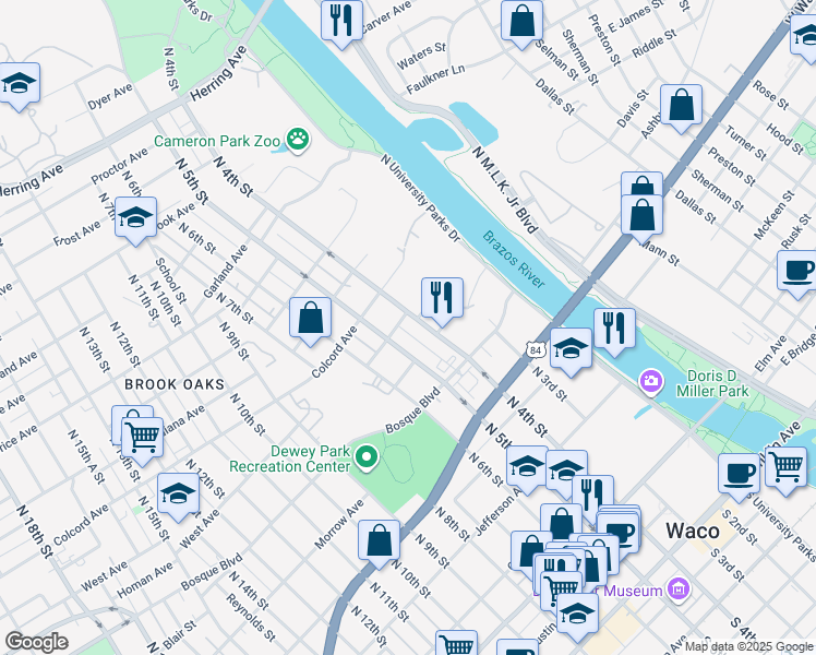map of restaurants, bars, coffee shops, grocery stores, and more near 1116 North 4th Street in Waco