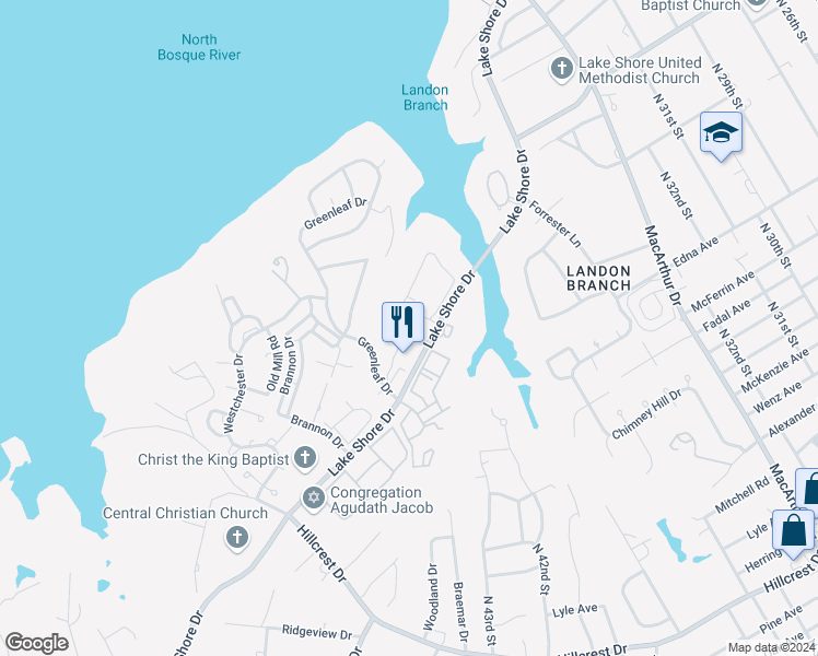 map of restaurants, bars, coffee shops, grocery stores, and more near 4215 Lakeshore Villa Drive in Waco
