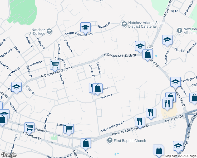 map of restaurants, bars, coffee shops, grocery stores, and more near 301 Gayoso Street in Natchez