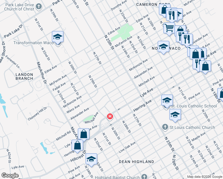 map of restaurants, bars, coffee shops, grocery stores, and more near 2717 Alexander Avenue in Waco