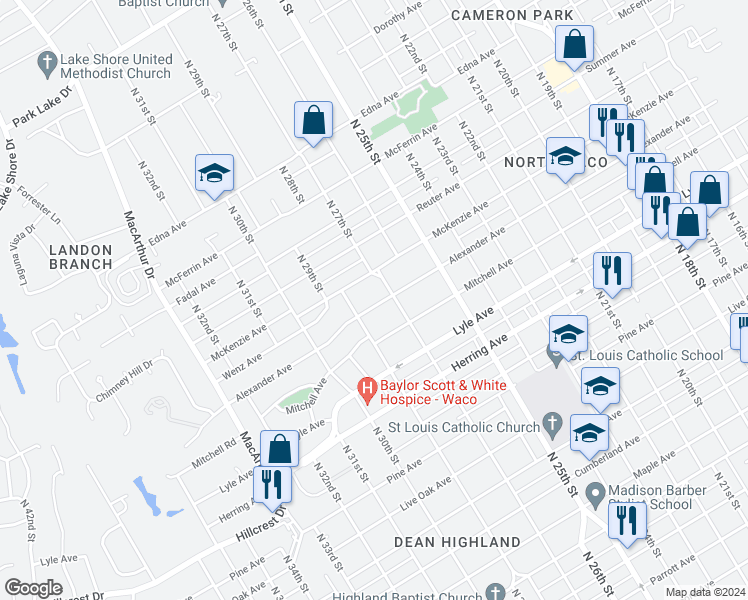 map of restaurants, bars, coffee shops, grocery stores, and more near 2717 Alexander Avenue in Waco
