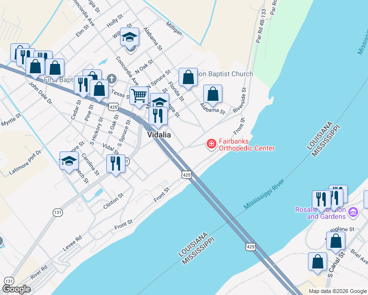 map of restaurants, bars, coffee shops, grocery stores, and more near 2 Concordia Avenue in Vidalia