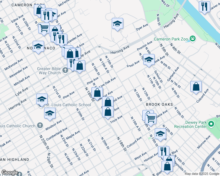 map of restaurants, bars, coffee shops, grocery stores, and more near 2009 N 16th St in Waco