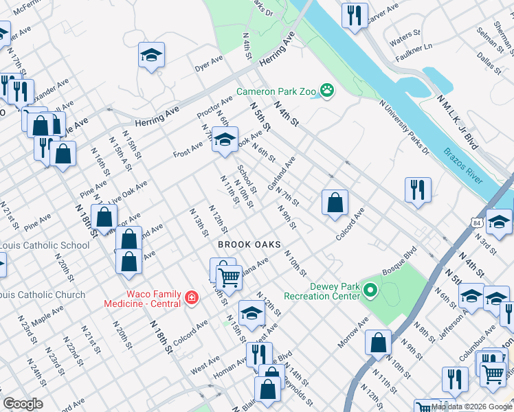 map of restaurants, bars, coffee shops, grocery stores, and more near 1803 North 10th Street in Waco