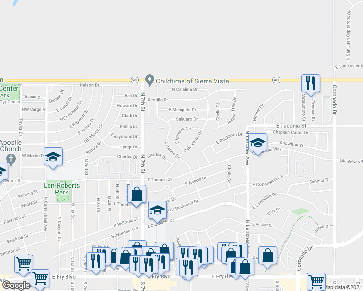 map of restaurants, bars, coffee shops, grocery stores, and more near 821 East Mimosa Circle in Sierra Vista