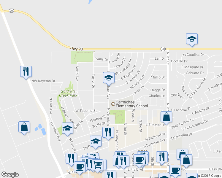 map of restaurants, bars, coffee shops, grocery stores, and more near 10 East James Drive in Sierra Vista