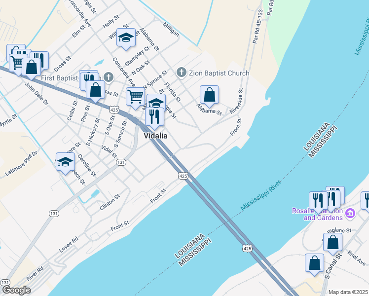 map of restaurants, bars, coffee shops, grocery stores, and more near 1 Concordia Avenue in Vidalia