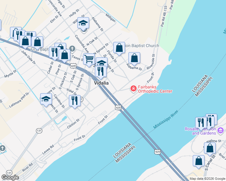map of restaurants, bars, coffee shops, grocery stores, and more near 2 Concordia Avenue in Vidalia