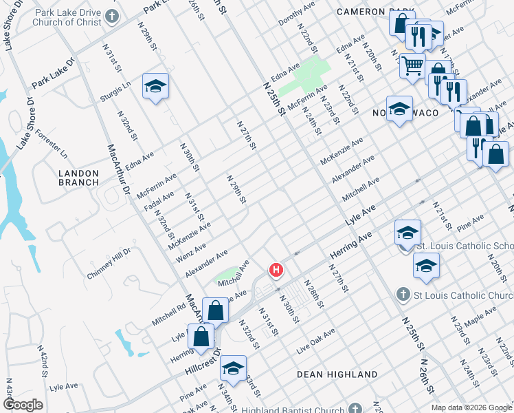 map of restaurants, bars, coffee shops, grocery stores, and more near 2800 McKenzie Avenue in Waco