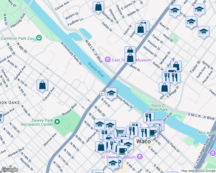 map of restaurants, bars, coffee shops, grocery stores, and more near 0 West Waco Drive in Waco