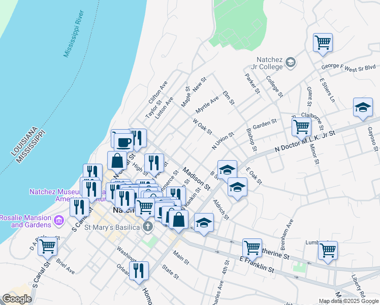 map of restaurants, bars, coffee shops, grocery stores, and more near 411 B Street in Natchez