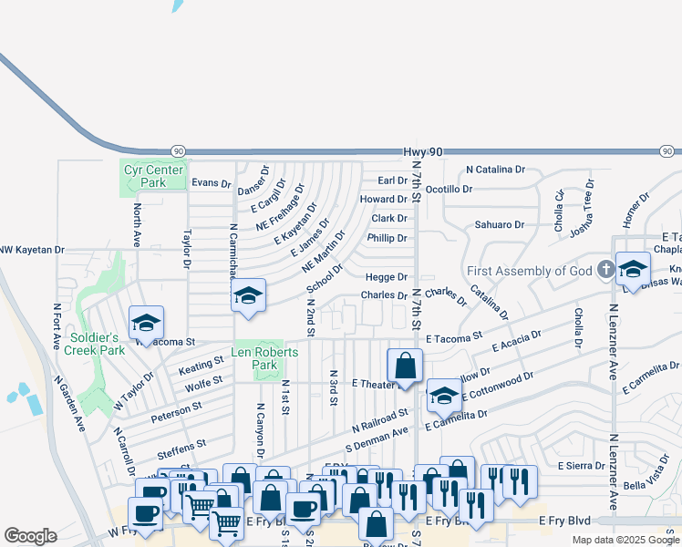 map of restaurants, bars, coffee shops, grocery stores, and more near 458 Hegge Drive in Sierra Vista
