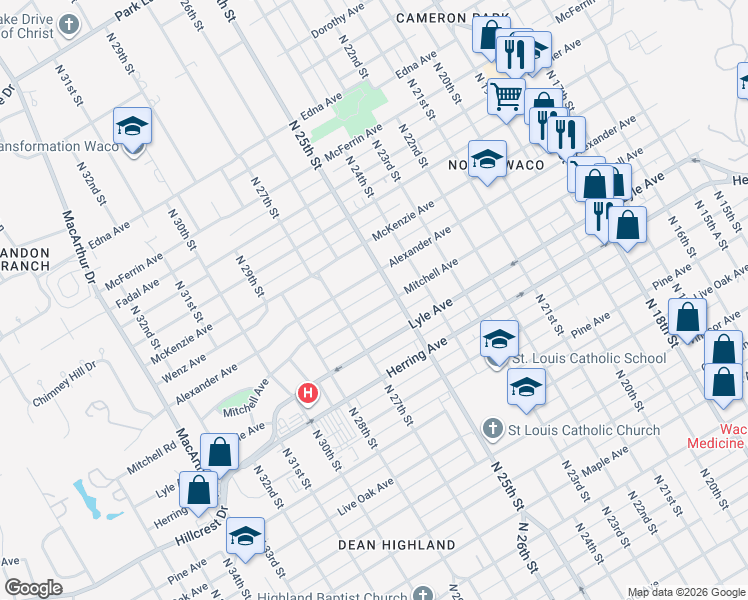 map of restaurants, bars, coffee shops, grocery stores, and more near 2509 Mitchell Avenue in Waco