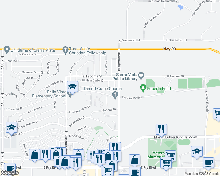 map of restaurants, bars, coffee shops, grocery stores, and more near 885 Leonard Wood Street in Sierra Vista