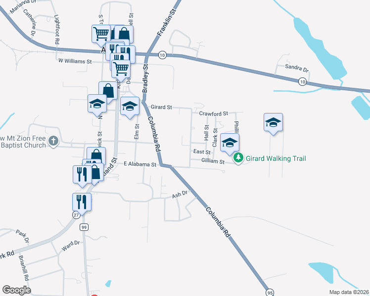 map of restaurants, bars, coffee shops, grocery stores, and more near 105 West Street in Abbeville