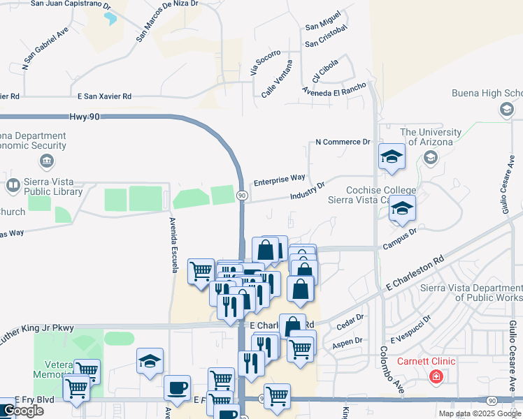 map of restaurants, bars, coffee shops, grocery stores, and more near 4062 Industry Drive in Sierra Vista