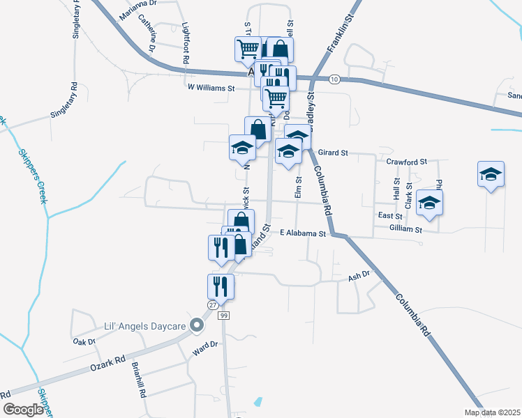 map of restaurants, bars, coffee shops, grocery stores, and more near 402 Kirkland Street in Abbeville