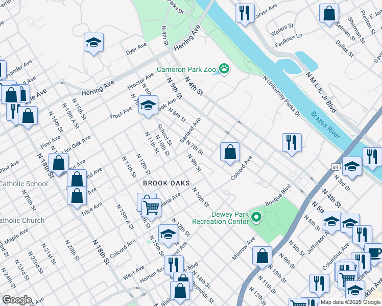 map of restaurants, bars, coffee shops, grocery stores, and more near 1619 North 9th Street in Waco