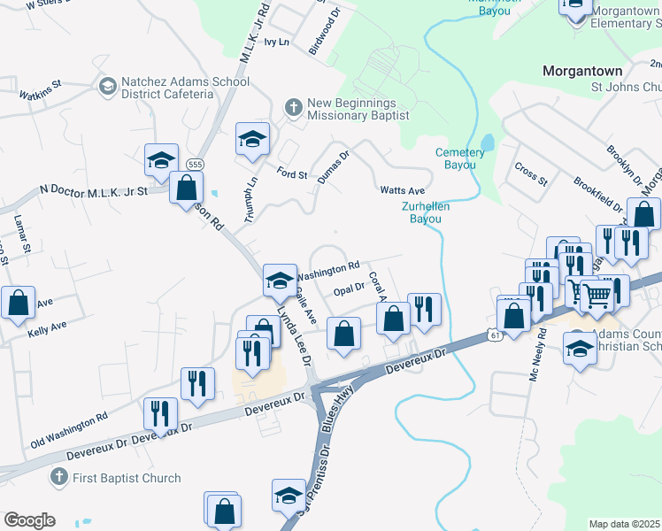 map of restaurants, bars, coffee shops, grocery stores, and more near 17 Old Washington Road in Natchez