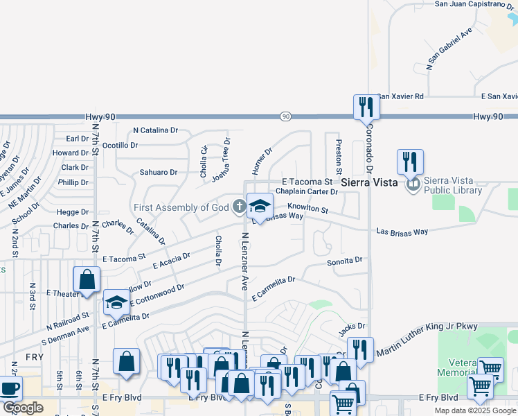map of restaurants, bars, coffee shops, grocery stores, and more near 1530 Knowlton Street in Sierra Vista