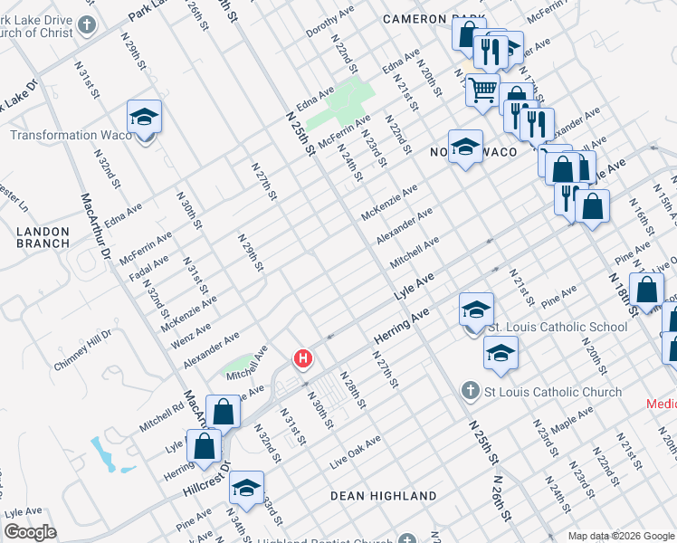 map of restaurants, bars, coffee shops, grocery stores, and more near 2628 Alexander Avenue in Waco