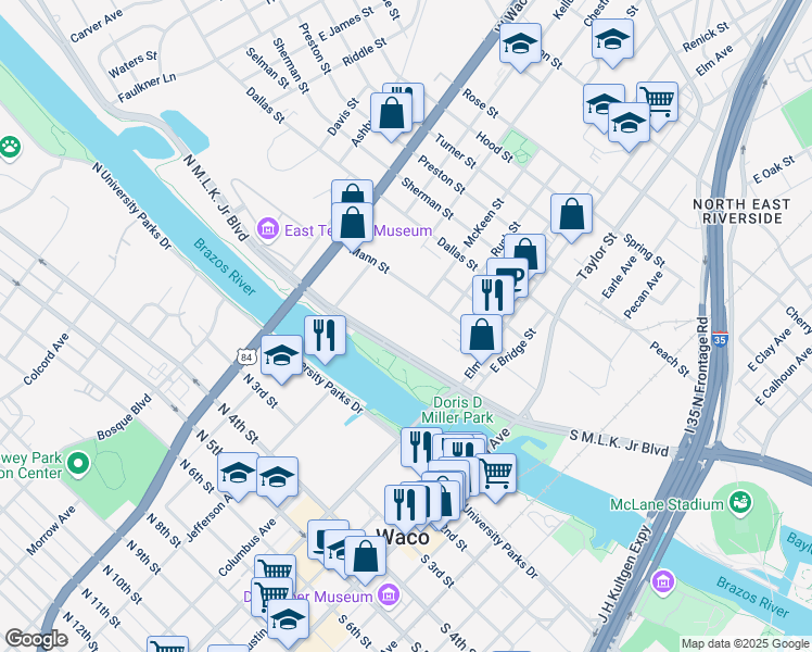 map of restaurants, bars, coffee shops, grocery stores, and more near 100 Elm Avenue in Waco