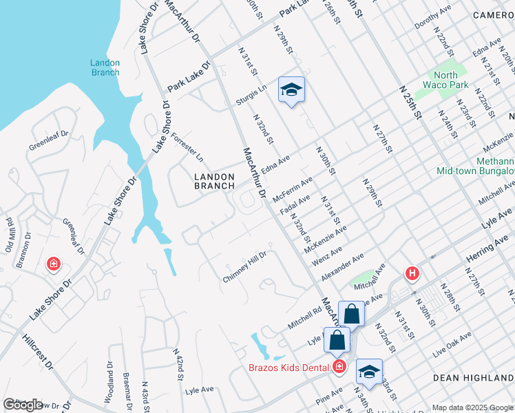 map of restaurants, bars, coffee shops, grocery stores, and more near 3343 Chimney Place Drive in Waco