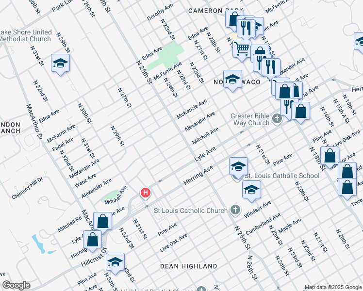 map of restaurants, bars, coffee shops, grocery stores, and more near 2509 Mitchell Avenue in Waco