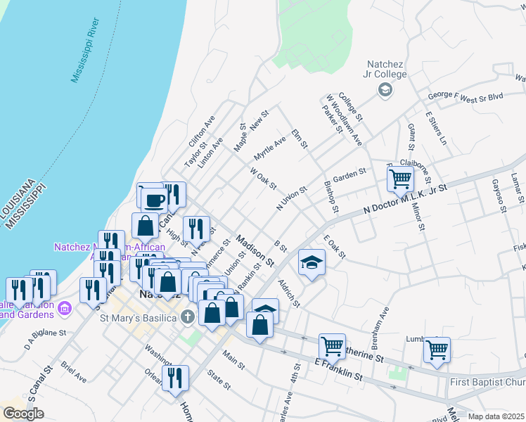 map of restaurants, bars, coffee shops, grocery stores, and more near 708 North Union Street in Natchez