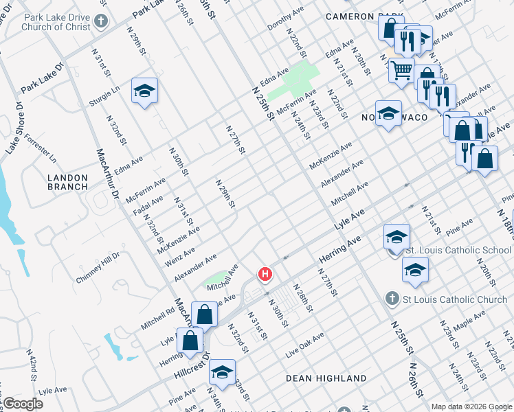 map of restaurants, bars, coffee shops, grocery stores, and more near 2800 McKenzie Avenue in Waco