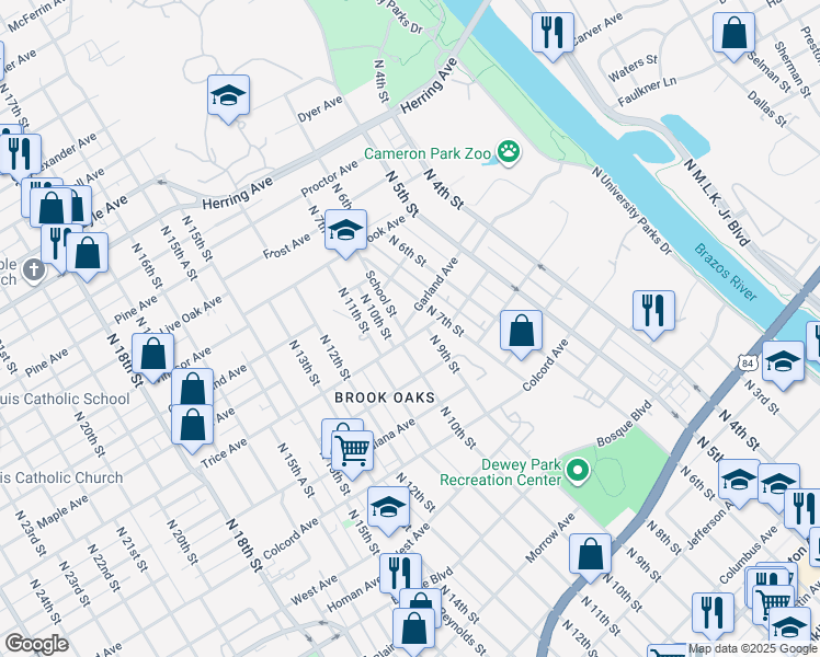 map of restaurants, bars, coffee shops, grocery stores, and more near 718 Garland Avenue in Waco