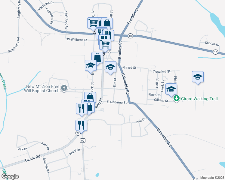map of restaurants, bars, coffee shops, grocery stores, and more near 106 East Clendinen Street in Abbeville