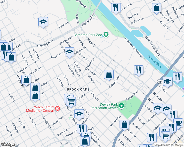 map of restaurants, bars, coffee shops, grocery stores, and more near 1619 North 9th Street in Waco