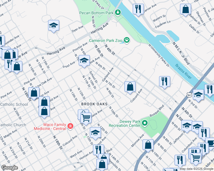 map of restaurants, bars, coffee shops, grocery stores, and more near 1619 North 9th Street in Waco