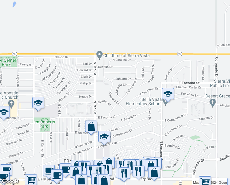 map of restaurants, bars, coffee shops, grocery stores, and more near 900 East Mimosa Circle in Sierra Vista