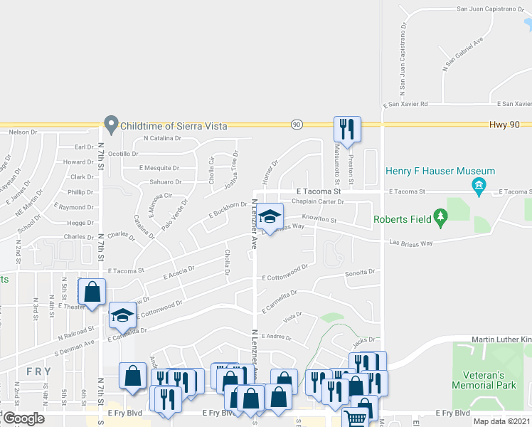 map of restaurants, bars, coffee shops, grocery stores, and more near 925 Horner Drive in Sierra Vista
