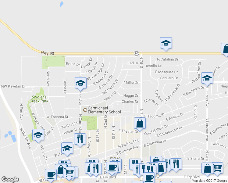 map of restaurants, bars, coffee shops, grocery stores, and more near 458 Hegge Drive in Sierra Vista