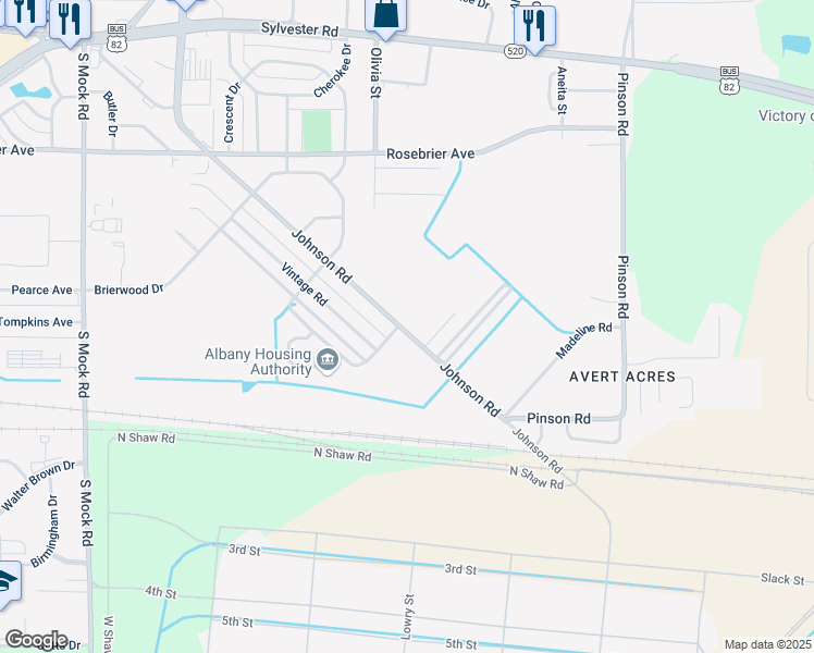 map of restaurants, bars, coffee shops, grocery stores, and more near 702 Georgetown Drive in Albany
